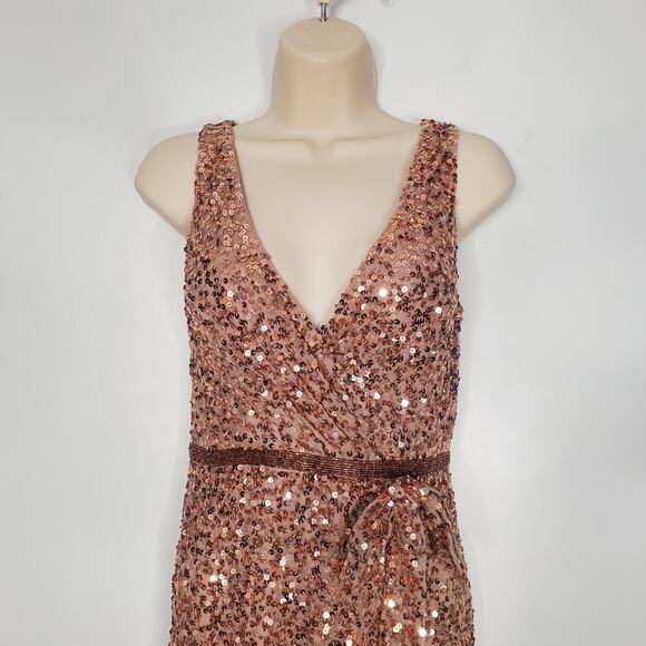 Mac Duggal 5539 High Slit Skirt V-Neck Dress Sequined Wrap Gown Copper Size 4 - Picture 6 of 16